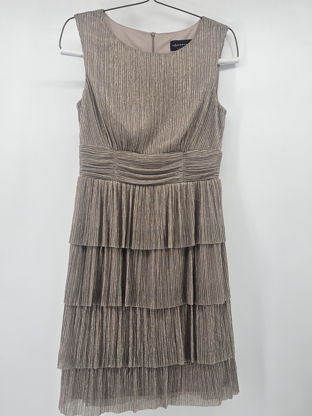 connected apparel Metallic Taupe Tiered Midi Dress Size 10